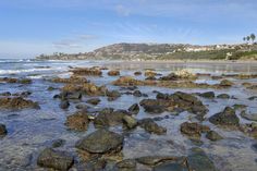 rocks and water on the beach with houses in the background