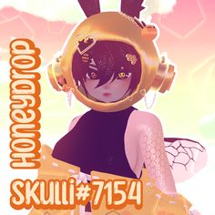 an anime character with headphones on holding a suitcase in front of her face and the caption skull 734