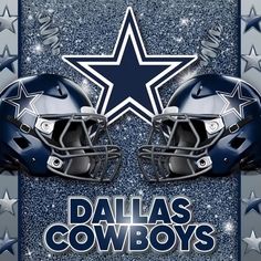 two football helmets with the word dallas cowboys on them in front of stars and sparkles