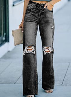 F00074121-305 Ripped Denim Pants, Basic Blouses, Denim Decor, Streetwear Jeans, Denim Patterns, Ripped Denim, Denim Flares, Denim Trousers, Pants Straight