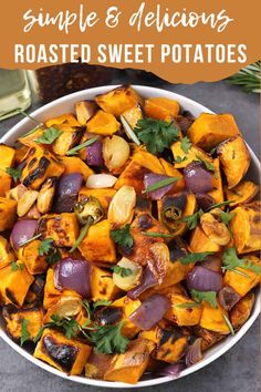 a bowl filled with roasted sweet potatoes and garnished with parsley