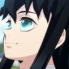 an anime character with long black hair and blue eyes looking at the camera while staring into the distance