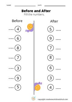 the before and after worksheet for numbers 1 - 10 with an image of a snail