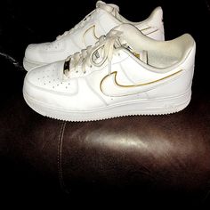 Lightly Worn Nike Air Force 1 In Gold And White. Nike Air Force White, White Nike Air Force 1, White Nike Air Force, Air Force 1 Shoes, Air Force 1 Low, Nike Air Force 1, White Sneakers, White Nikes, Air Force 1