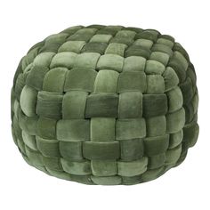 a large green round poufce cushion with square weaves on the top and bottom