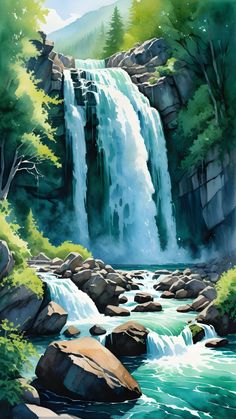 a painting of a waterfall in the woods