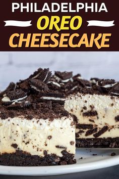 a piece of cheesecake with oreo cookies on top and the title overlay reads philadelphia oreo cheesecake