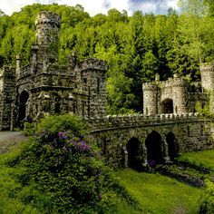 an old stone castle surrounded by lush green trees