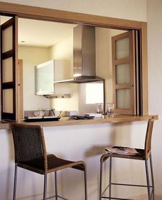 two chairs and a counter in a kitchen