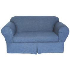 a blue couch with ruffles on the bottom and back ends, sitting against a white background