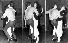 two men and a woman dancing together in an old black and white photo with brick walls