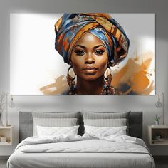 a painting of a woman with a turban on her head in a bedroom