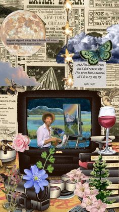 an image of a man sitting in front of a tv with flowers on the table