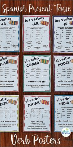 spanish present tense cards with the words verbos, verbos and vocaciones