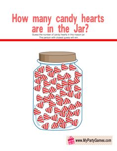 a jar filled with candy hearts sitting on top of a red and white striped line