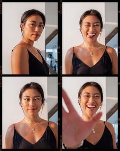 four different pictures of a woman with braces