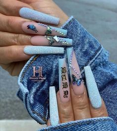 #blue #longacrylicnails #baby #butterflies #cute Stile Kylie Jenner, Blue Acrylic Nails, Drip Nails, Exotic Nails, Long Acrylic Nails Coffin, Coffin Nails Long, Bling Acrylic Nails, Summer Acrylic Nails, Glam Nails