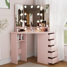 a pink vanity table with lights on it in front of a large mirror and window