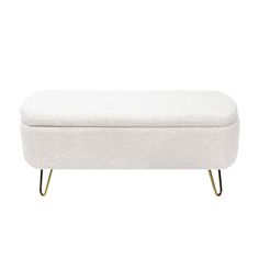 a white bench with metal legs and a cushion on the bottom, in front of a white background