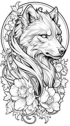 the head of a fox with flowers in its hair and an oval frame around it