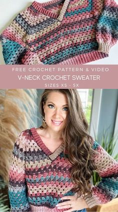 a woman wearing a colorful sweater with the words free crochet pattern and video