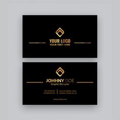 two black and gold business cards with an elegant logo on the bottom one is for a company