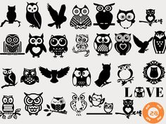 an assortment of owl silhouettes on a white background with the words love written below them