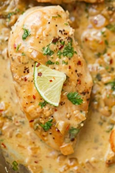 a close up of chicken in a sauce with lemon wedges and cilantro