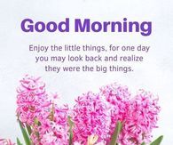 pink flowers are in a vase with the words good morning on it and an image of purple