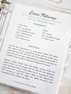 the recipe for lemon mellows on a clipboard