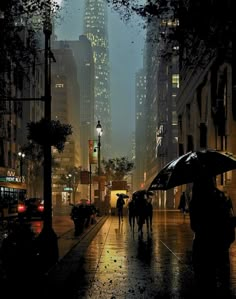 people walking in the rain with umbrellas on a city street at night, near tall buildings