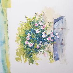 a watercolor painting of a blue door and pink flowers on a white wall with green leaves