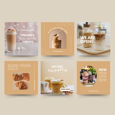 a series of brochures with coffee, pastries and desserts on them