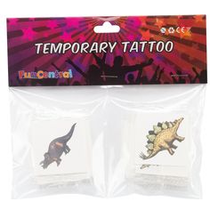 two temporary tattoos with dinosaurs on them in plastic wrappers, one is purple and the other is green