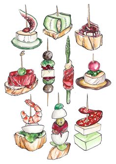 a drawing of different types of food on sticks and plates, all with toppings