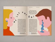 an open magazine with two people talking to each other