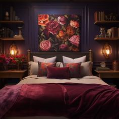 a bedroom with purple walls and floral paintings on the wall above the bed, along with two nightstands