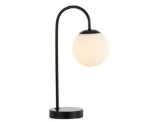 a black table lamp with a white ball on the top and an oval light fixture