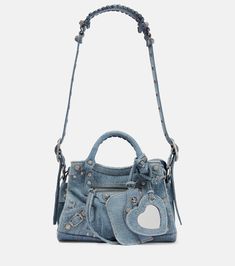 Neo Cagole XS denim shoulder bag Balenciaga Bag Strap, 00s Style, Denim Shoulder Bag, Shaped Mirror, Snow Wear, Denim Shoulder Bags, Balenciaga Logo, Bodysuit Blouse, Frayed Denim