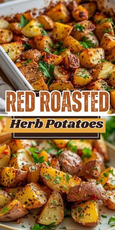 red roasted herb potatoes with parsley on top and in a baking dish next to the recipe title