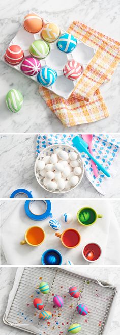 three different pictures of colorful eggs and spoons on a table with other items in the background