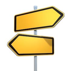 two yellow signs pointing in opposite directions