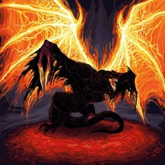 a black dragon sitting on top of a red floor next to a fire filled sky