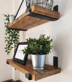 two wooden shelves with plants and pictures on them, one has a potted plant