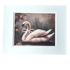 a painting of a white swan with a pink bow