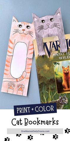 three children's bookmarks with cats on them and the title print + color cat books