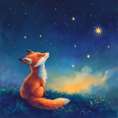 a painting of a fox looking up at the stars