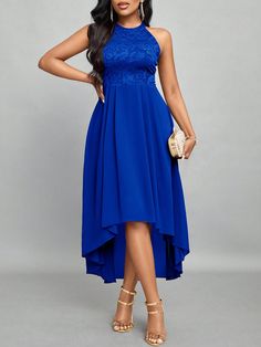 Royal Blue Elegant Collar Sleeveless Chiffon Plain A Line Embellished Non-Stretch  Women Clothing Sleeveless Asymmetrical Wedding Dress, Sleeveless Asymmetrical Summer Wedding Dress, Blue High-low Hem Party Dress, Summer Wedding High Low Dress With Asymmetrical Hem, Blue Asymmetrical Prom Dress, Asymmetrical Blue Prom Dress, Sleeveless Blue Midi Dress For Wedding, Blue Wedding Dress Royal, Holiday Dresses Women