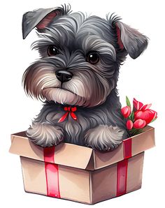 a cute little dog sitting in a box with tulips on it's side