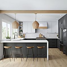 a kitchen with two stools and an island in the middle of it, surrounded by wooden flooring